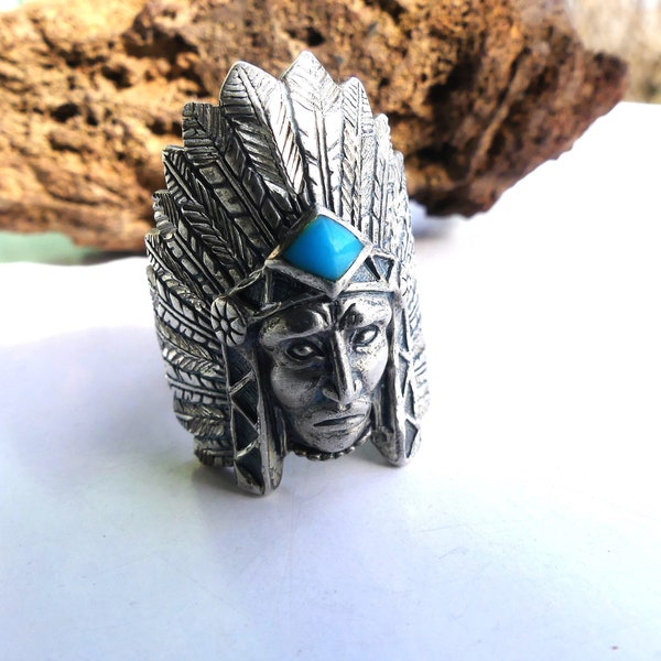 Bague Navajo, ethnique, amérindienne, Native, vintage, argent massif, turquoise, chef indien, tête, 20 mm, homme, mixte