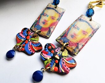 FRIDA. Boucles d'oreille baroques, bohèmes, Frida Kahlo, colorées, cuivre émaillé, laiton émaillé, vert, bleu, rouge