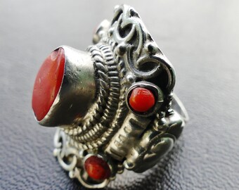 Bague ancienne Tibet, Népal, argent 925, corail, bague selle, 5 cabochons corail, taille FR 56