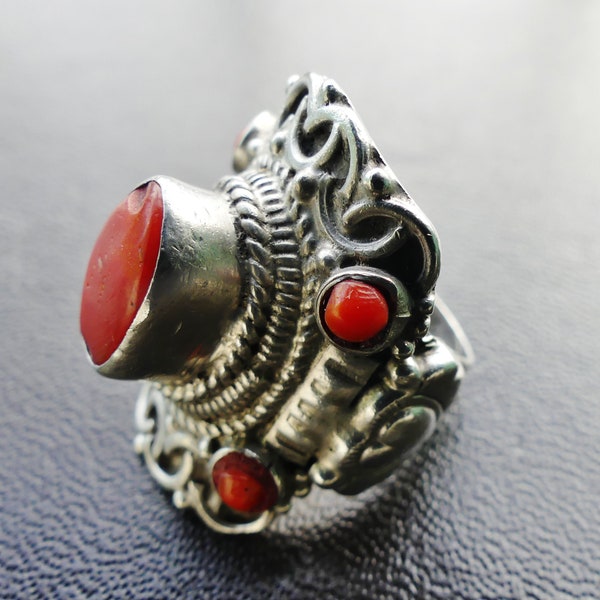 Bague ancienne Tibet, Népal, argent 925, corail, bague selle, 5 cabochons corail, taille FR 56