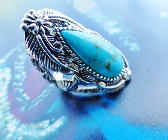 Turquoise ring, 925 silver, imposing ethnic, boho… - image 1