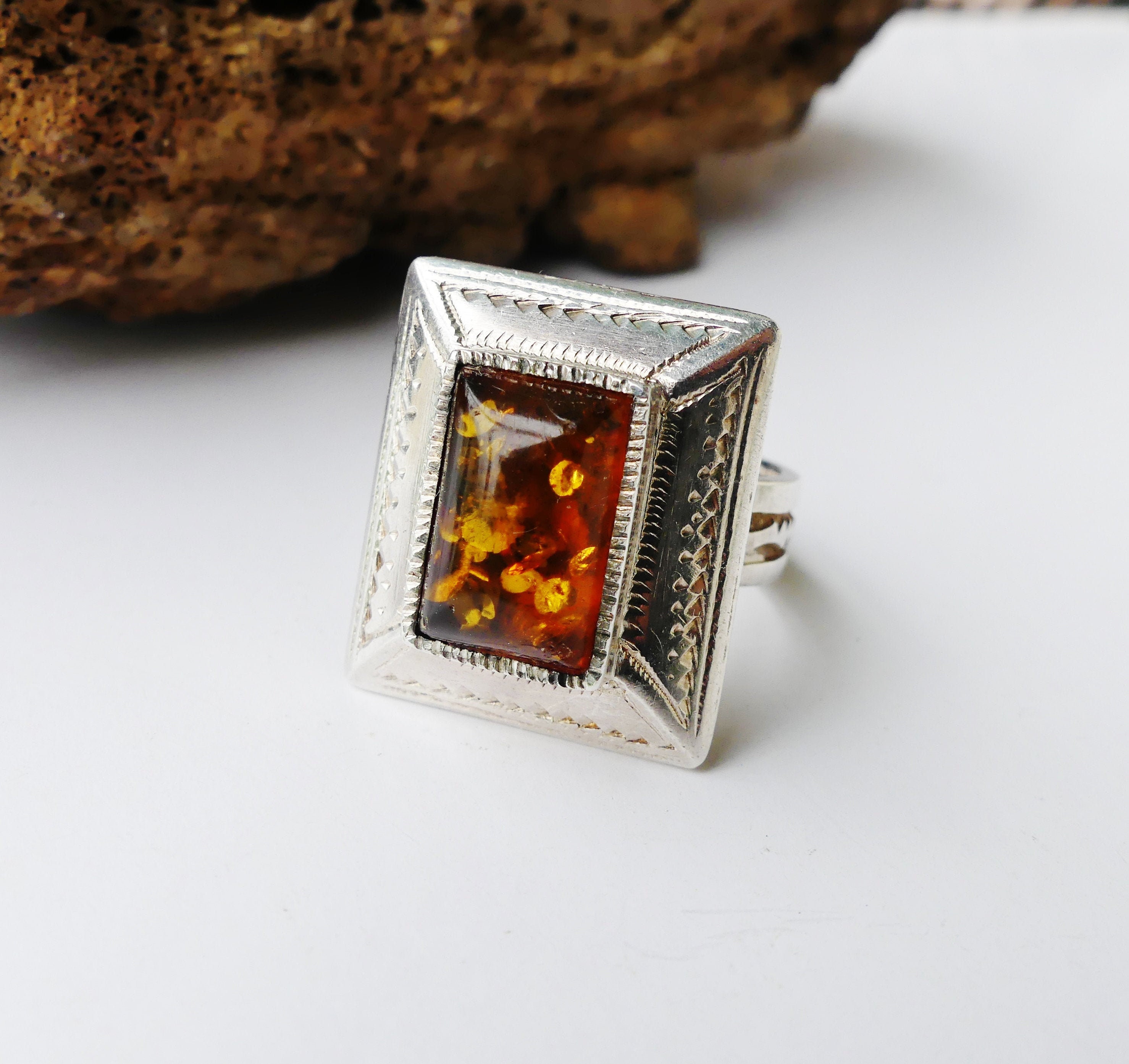 Bague ambre argent réglable - France