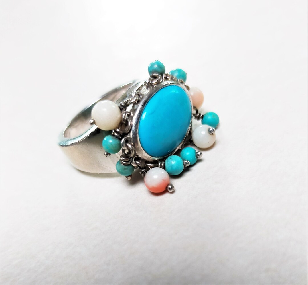 Bague Vintage Argent Massif Avec Pierres - Taille 55, Poinçons Ukraine - Occasion