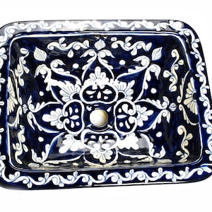 Dolores - Blue Mexican hand painted rectangular talavera ceramic sink drop in wash basin from Mexico