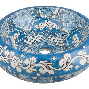 Sink from Mexico, Top washbasin, Pottery Basin , Handmade Hand Painted by Artisans, Turquise sink Dimensions: 40 cm x 13,5 cm - Lorena