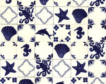 Mexican tiles, set of talavera in dominant cobalt color - 30 pieces 10.5 cm x 10.5 cm - Mariscos