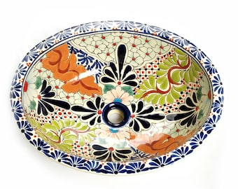 Mexican hand painted oval colorful talavera ceramic sink - 53 x 42,5 cm - Jade