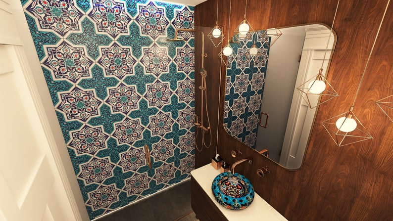 Iznik tiles Turkish tiles oriental decorative tiles, 12 patterned tiles 20 cm x 20 cm 0,48m2 Mehtap image 9