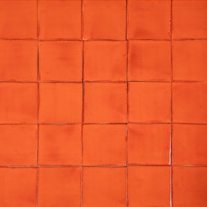 Op de afbeelding: Een muur bedekt met 25 kleine, vierkante, oranje tegels.