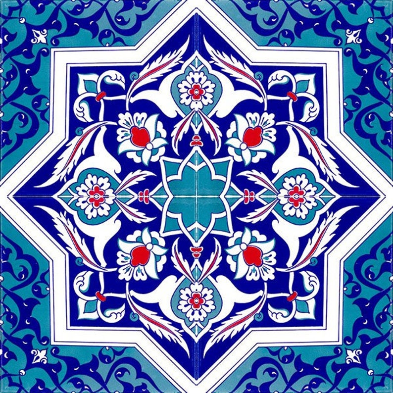 Iznik tiles Turkish tiles oriental decorative tiles, 12 patterned tiles 20 cm x 20 cm 0,48m2 Mehtap image 4