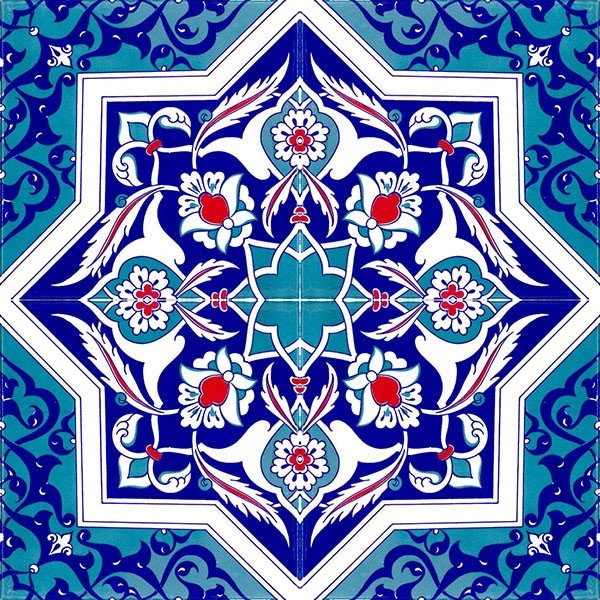 Blue White Ottoman Floral Tile Fabric by the Yards, Digital