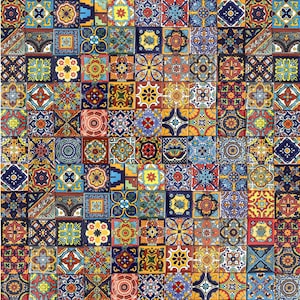 Peut inclure: Une mosaïque colorée de carreaux carrés avec des motifs géométriques complexes dans des tons de bleu, rouge, jaune, vert et blanc.