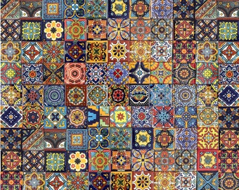 May include: A colorful mosaic of square tiles with intricate geometric patterns in shades of blue, red, yellow, green, and white.