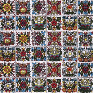 Può includere: Un set di 36 piastrelle in ceramica colorate con motivi floreali. Ogni piastrella presenta un design diverso con fiori rossi, gialli, blu, verdi e bianchi. Le piastrelle sono perfette per creare un mosaico unico e vibrante.