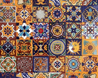 Mexican talavera tiles panel - Hand painted patchwork set of 30 tiles 10.5 cm x 10.5 cm - Girasol