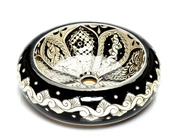 Black and white sink from Mexico, Top washbasin, Handmade Hand Painted by Artisans, round Vessel sink 40 cm x 13,5 cm - Atalaya
