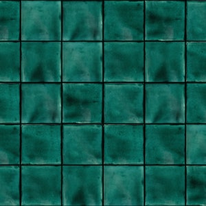 Könnte beinhalten: Ein Muster aus quadratischen Fliesen in einem tiefen Teal-Farbton. Jede Fliese hat eine glänzende Oberfläche und ist mit einer dunkleren Umrandung versehen. Die Fliesen sind in einem regelmäßigen Raster angeordnet und erzeugen eine strukturierte Oberfläche.