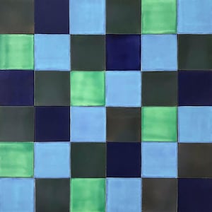 May include: A checkerboard pattern of 16 square tiles in four colours: dark blue, light blue, dark green, and light green.