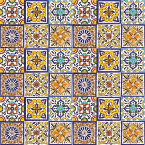 Könnte beinhalten: Ein sich wiederholendes Muster aus quadratischen Keramikfliesen. Jede Fliese weist ein einzigartiges Design mit einem zentralen Blumenmotiv auf, das von geometrischen Formen und leuchtenden Farben wie Blau, Gelb, Orange und Rot umgeben ist. Die Fliesen sind in einem Raster angeordnet.