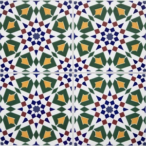May include: Four square ceramic tiles with a geometric pattern in shades of green, blue, red, yellow, and white. The pattern is a repeating design of stars and diamonds.