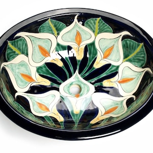 Floral pattern ceramic sink large oval colorful talavera from Mexico - Calia - 53 cm x 42,5cm x 15cm