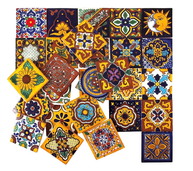 Girasol meksykański panel kafelkowy Talavera Ręcznie malowany patchworkowy zestaw 30 płytek 10.5 cm x 10.5 cm zdjęcie 3