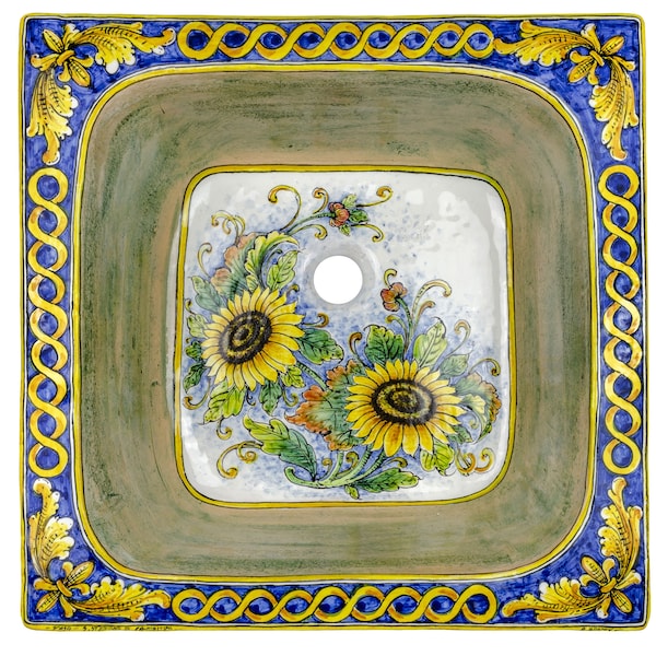 Quadratische Keramik handgefertigtes Waschbecken aus Italien 52 x 52 x 20 cm - Campo di girasoli