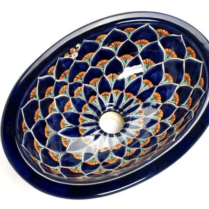 Blue Mexican handpainted oval colorful talavera ceramic sink - Destina - 41 cm x 30 cm
