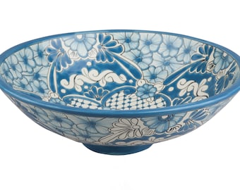 Atalaya Lavello Tondo In Ceramica Dipinto A Mano - Messico - 40,5 X 15 Cm - Colorato Per Bagno Ospiti O Cucina