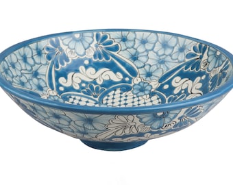 Light blue round talavera sink, ceramic handpainted colorful washbasin from Mexico vessel sink Dimensions: 44 cm x 13,5cm - Lorena