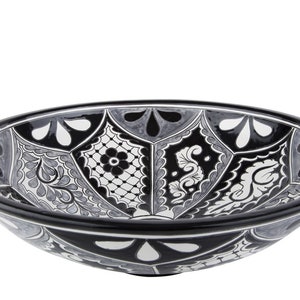 Black and white round talavera sink, ceramic handpainted colorful counter top washbasin from Mexico 44 cm x 13,5 cm - Atalaya