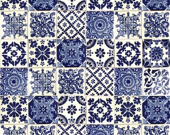 May include: A repeating pattern of square ceramic tiles in shades of blue and white. Each tile features a unique floral or geometric design. The overall aesthetic is reminiscent of traditional Mediterranean or Spanish tilework, creating a visually rich and decorative surface.