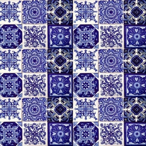 May include: A blue and white tile pattern with intricate floral designs. The tiles are arranged in a grid pattern, creating a repeating design.