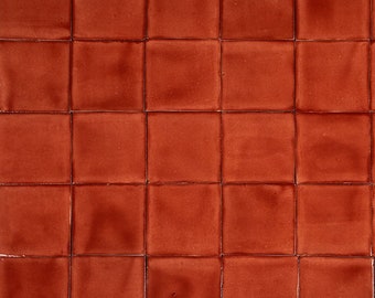 May include: A close-up of a wall tiled with 25 small, square, terracotta tiles.