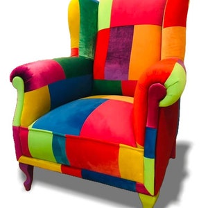 Bunter Patchwork Ohrensessel - Viva los Colores - Handgenähter Stuhl für das Wohnzimmer - Stilvoller bunter Ohrensessel im Vintage-Design