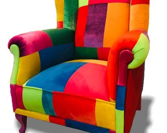 Bunter Patchwork Ohrensessel - Viva los Colores - Handgenähter Stuhl für das Wohnzimmer - Stilvoller bunter Ohrensessel im Vintage-Design