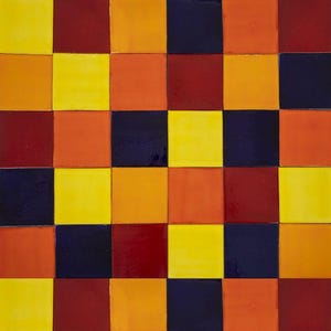 May include: A checkerboard pattern of 16 squares in four colours: red, orange, yellow, and dark blue. The squares are arranged in a repeating pattern.