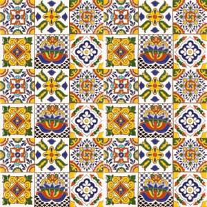 May include: A repeating pattern of square ceramic tiles. Each tile features a unique design with a white background and vibrant colors including yellow, blue, red, and green. The designs include floral and geometric patterns.