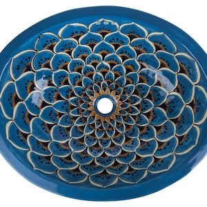 Mexican hand painted oval talavera ceramic sink drop in wash basin from Mexico 53 x 42,5 x 15 cm - Aqua Azul
