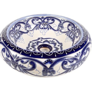 Blue and white ceramic sink from Mexico, round talavera Vessel washbasin Dimension: 40 cm x 13,5 cm - Sabina