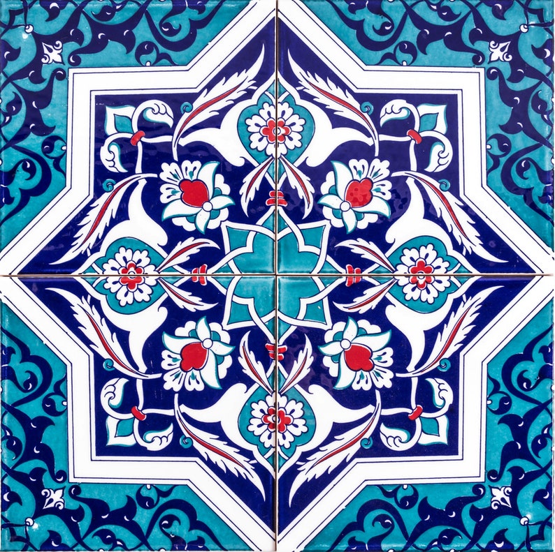 Iznik tiles Turkish tiles oriental decorative tiles, 12 patterned tiles 20 cm x 20 cm 0,48m2 Mehtap image 1