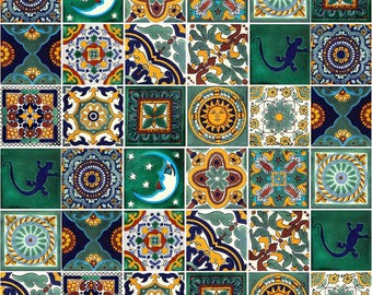 May include: A collection of 30 decorative ceramic tiles with various designs. The tiles feature a mix of floral, geometric, and celestial patterns in vibrant colors like green, blue, yellow, and orange. Some tiles depict a sun, moon, and lizard.