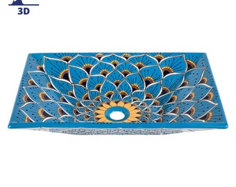 May include: A rectangular ceramic sink with a blue, yellow, and black peacock feather design. The sink has a circular drain hole in the center.