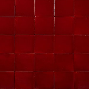 May include: A close-up of a wall tiled with 16 small, square, deep red tiles.