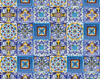 May include: A colorful tile pattern with blue, yellow, white, red, and green geometric designs. The tiles are arranged in a grid pattern.