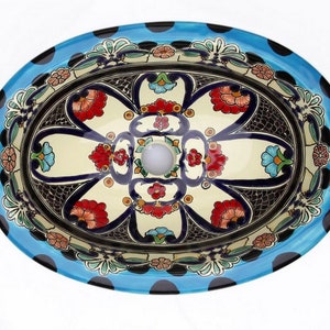 Colorful hand painted oval talavera ceramic sink drop in washbasin from Mexico - 41 cm x 30 cm  - La Reina