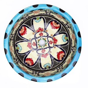 Turquise ceramic sink hand painted round talavera from Mexico - La Reina - 43 cm x 13 cm