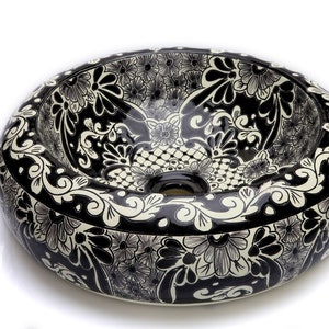 Black and white sink from Mexico, Top washbasin, Handmade Hand Painted by Artisans, round Vessel sink - Serena - 40 cm x 13,5 cm