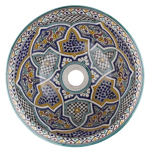 Mikhat  -  Moroccan counter top Ceramic Basin Painted Rustic Design Art Vintage Wash Basin 40 cm x 16 cm