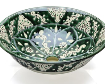 Baila - Green talavera ceramic sink, ceramic handpainted colorful washbasin vessel sink from Mexico 40,5 cm x 15 cm